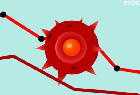 Economic Data - Vector image of red Covid virus against decreasing line graph on blue background