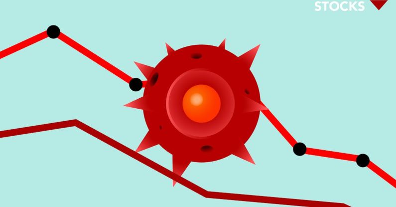 Economic Data - Vector image of red Covid virus against decreasing line graph on blue background